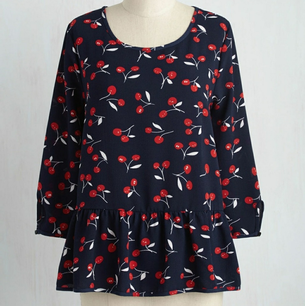 Modcloth Cherry peplum shirt blouse with cut out